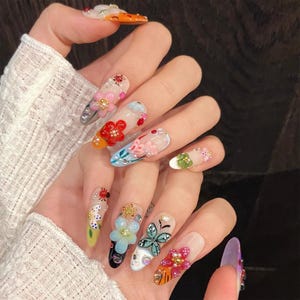 Fake,Serect Garden Long Almond Press On Nail,Trending 3d Flower Design Nail Art,Flase Nail for Birthday Holiday Vacation Nail,vacation nail