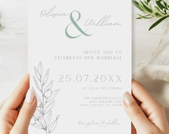 Sage Green Wedding Invitation, Minimalist Wedding Invitation Templates, Canva Templates, Digital Download,Printable Wedding Invitation KKW02