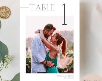 Table numbers wedding template with photos Printable wedding place card for minimalist wedding Photo table sign editable for modern wedding