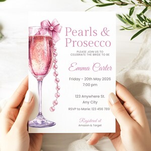 Invitación para despedida de soltera con perlas y prosecco, plantilla editable para despedida de soltera con prosecco, 5x7