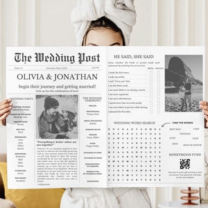May include: A black and white newspaper-style wedding announcement for Olivia & Jonathan. The announcement includes a photo of the couple, a wedding party list, and a wedding word search puzzle. The text "Everything's better when we are together" is included in the announcement.