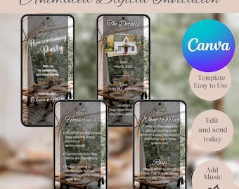 Invitación digital para fiesta de inauguración de casa, invitación animada para mujer, plantilla autoeditable de Evite para apartamento nuevo y moderno