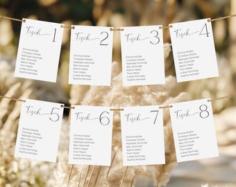 Minimalistische Tischnummern Sitzplan Hochzeit Sitzordnung Sitzkarten Tischordnung Sitzplatzwahl Tischplan Moderne DIY Canva Vorlage A5 A6