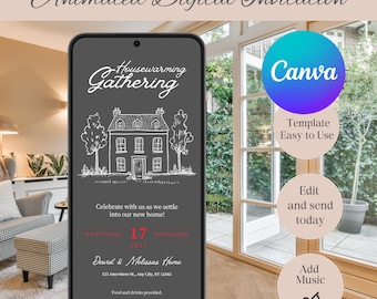 Invitación digital para fiesta de inauguración de casa, invitación animada para mujer, plantilla autoeditable de Evite para apartamento nuevo y moderno