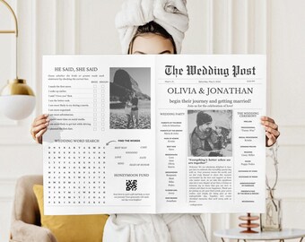 Wedding Newspaper Template with Photo, Minimalist Wedding Newspaper Template, Wedding Program, Newlywed Times, Editable Newspaper Itinerary