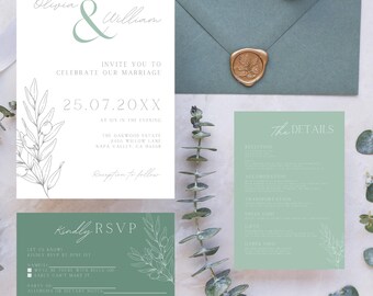 Sage Green Wedding Invitation Suite, Template Set Digital Download, Minimalist Editable Botanical Bundle Details Card Well Wishing KKW02