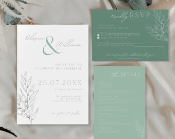 Sage Green Wedding Invitation Set Minimalist Wedding Bundle QR Code RSVP Printable Editable Botanical Wedding Bundle Canva Template KKW02