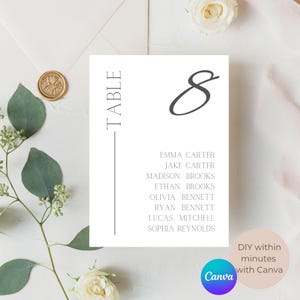 Puede incluir: Una tarjeta de mesa blanca con el número 8 en escritura gris oscuro. La palabra "TABLE" está impresa verticalmente a la izquierda. Debajo del número hay nombres, incluyendo Emma Carter y Jake Carter. El logo de Canva está abajo a la derecha.