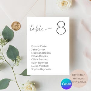 May include: A white table number card with the word "table" in cursive and the number "8" in a bold font. The card lists names and includes the Canva logo and text "DIY within minutes with Canva."