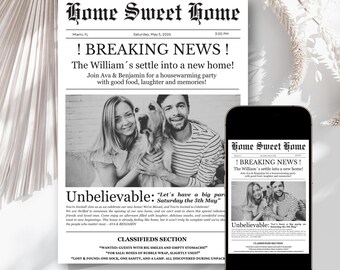 Housewarming Invitation Newspaper | Funny Canva Template | Editable New Home Party Invite | First Apartment Digital Download I KKH03