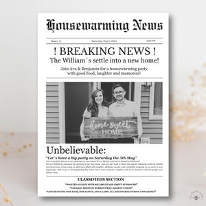 Krant housewarmingsuitnodiging | Grappige canvassjabloon | Bewerkbare nieuwe uitnodiging voor thuisfeest | Digitale download eerste appartement, KKH03