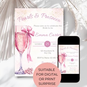 Invitación para despedida de soltera con perlas y prosecco, invitación para despedida de soltera con collar de perlas y prosecco, plantilla editable para despedida de soltera con prosecco