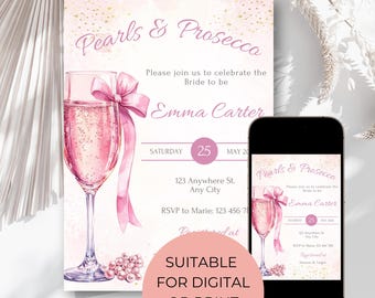 Pearls and Prosecco Bridal Shower Invitation, Pearl Necklace Prosecco Bridal Shower Invite, Prosecco Editable Bridal Shower Template