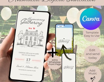 Invitación digital para fiesta de inauguración de casa, invitación animada, plantilla editable para apartamento nuevo