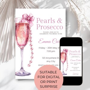 Invitación para despedida de soltera con perlas y prosecco, invitación para despedida de soltera con collar de perlas y prosecco, plantilla editable para despedida de soltera con prosecco