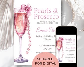 Pearls and Prosecco Bridal Shower Invitation, Pearl Necklace Prosecco Bridal Shower Invite, Prosecco Editable Bridal Shower Template