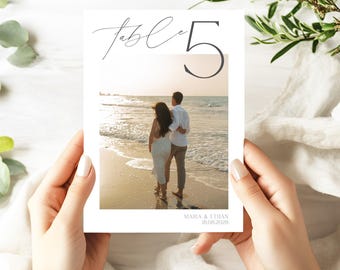 Table numbers wedding template with photos Printable wedding place card for minimalist wedding Photo table sign editable for modern wedding