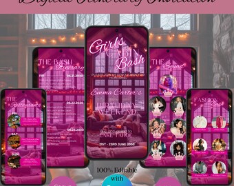 Digital Girls Trip Itinerary Invitation, Animated Birthday Weekend Travel Itinerary, Vacation Schedule Trip, Edit Schedule Planner Template