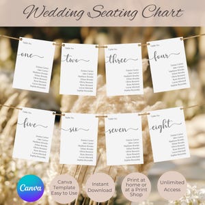 Puede incluir: Un plano de asientos de boda con ocho tarjetas colgadas de una cuerda. Cada tarjeta está numerada e incluye los nombres de los invitados. Las palabras "Wedding Seating Chart" están en la parte superior. El texto adicional incluye "Canva Template Easy to Use" y "Instant Download".