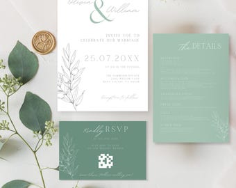 Sage Green Wedding Invitation Suite,Modern Minimal Invite Set with Details Card,Modern QR Code Rsvp, Editable Digital Templates Bundle KKW02
