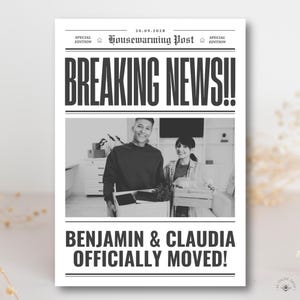 Convite para inauguração de casa | Jornal de convites | Modelo engraçado do Canva | Convite para festa de casa nova editável | Download digital do primeiro apartamento