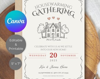 Könnte beinhalten: Eine Einladung zu einer Einweihungsfeier mit einer handgezeichneten Illustration eines Hauses mit drei Herzen darüber. Die Einladung ist für Mittwoch, den 20. November 2025, und wird von Kim & James Home in der 123 Anywhere St., Any City, ST 12345, ausgerichtet. Essen und Getränke werden bereitgestellt.