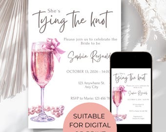 Editable She's Tying the Knot Bridal Shower Invitation Template, Minimalist Pink Bow Bridal Shower Invite Pink Ribbon Bow Wedding Shower