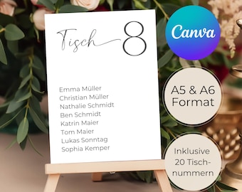 Tischnummern Hochzeit Sitzplan Sitzordnung Sitzkarten Tischordnung Tischplan Minimalistisch Canva A5 A6