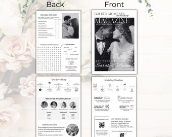 Plantilla Canva de programa de periódico de bodas plegable e imprimible, programa de bodas del periódico Newlywed Times, infografía del programa del periódico de la ceremonia