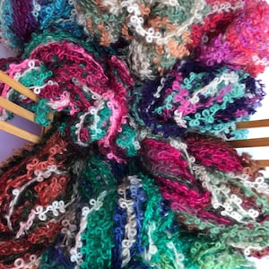 May include: A collection of colorful yarn skeins with a fluffy, textured appearance. The yarn is arranged in a circular pattern, showcasing a variety of shades, including pink, green, blue, and brown.