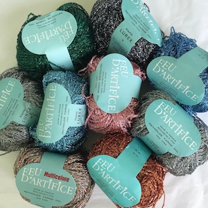 Vintage &quot;FEU’D&#39;ARTIFICE/FIREWORKS” Made in France Exclusively for Reynolds Yarns - 57 Viscose Rayon/43 Lurex Metallic - 135 yds/20 gm balls
