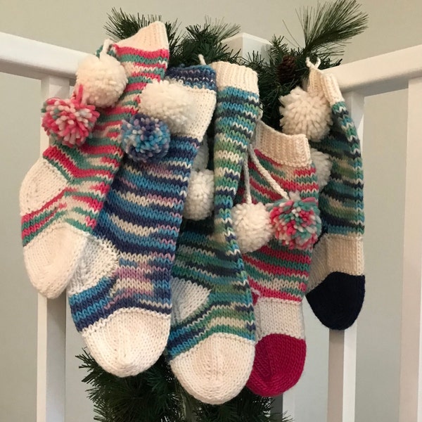 The Simple Hand Knit Pom Pom Christmas Stocking  - All Wool Custom Dyed in House - USA Michigan made