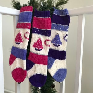 Personalized Christmas Stockings Pinks, Purples,Cream, Silver Metallic Hand Knit Vintage Style Tree Embroidered Embellishments Michigan Made