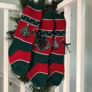 Personalized Green & Red-Silver Metallic Christmas Stockings-Large Wreath/Forest or Small Tree-Hand Knit with Embellishments - Michigan Made