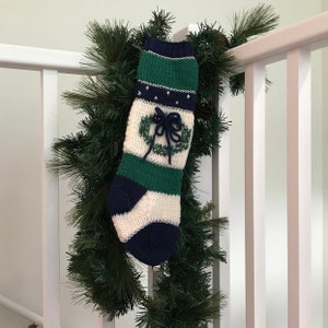 Personalize Vintage Style Christmas Stocking-Large Wreath & Forest-Navy rib heel toe- Green/Cream  Silver Metallic- Michigan Made