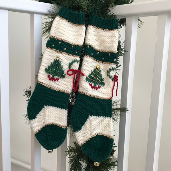 Personalized Vintage Style Christmas Stocking - Green and Cream with Gold Metallic-Hand Knit and Hand Embroidered - Made in Michigan