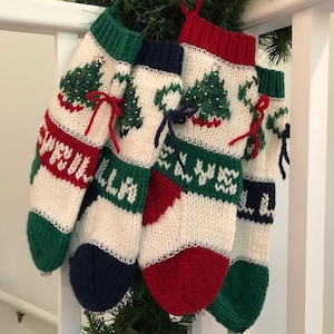 The Short Stuffer Christmas Stocking-Hand Knit and Embroidered - Vintage Family Stocking- Made in Michigan- can be Personalized