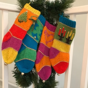 Southwest Fiesta Brite Color “Shorty Style” Christmas Stockings-Icelandic  Wool & Gold Metallic Personalized  Embellishments - Michigan Made