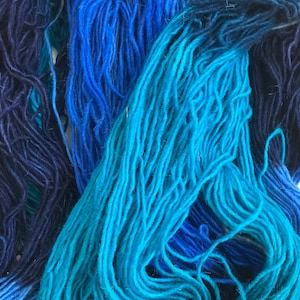May include: A close-up of a bundle of yarn in shades of blue, teal, and black. The yarn is soft and fluffy, and the colors blend together seamlessly.