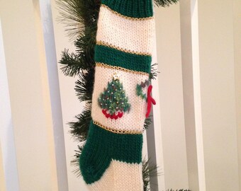 Personalized Vintage Style Christmas Stocking - Green and Cream with Gold Metallic-Hand Knit and Hand Embroidered - Made in Michigan