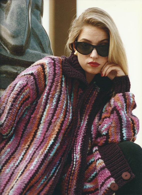 Vintage Wine/Multi Color Hand Knit Winter Jacket … - image 2