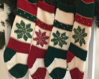Personalized Christmas Stockings Vintage Star Pattern or Poinsettia Design Hand Knit Metallic Beaded Embellishments - Michigan Made