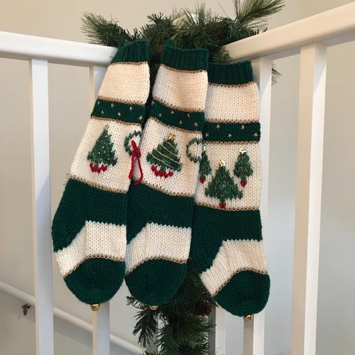 Personalized Vintage Style Christmas Stocking - Green and Cream with Gold Metallic-Hand Knit and Hand Embroidered - Made in Michigan