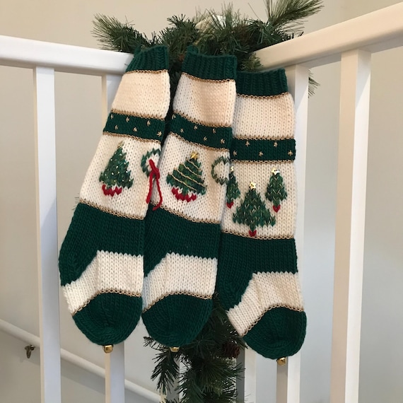 Personalized Vintage Style Christmas Stocking - Green and Cream with Gold Metallic-Hand Knit and Hand Embroidered - Made in Michigan