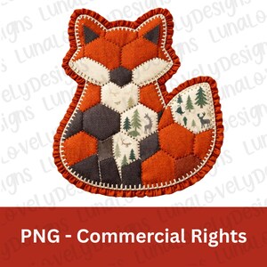 Faux Patchwork Fox PNG, Woodland Animal Fabric Quilt Digital Download, Forest Creature