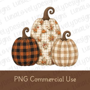 May include: A digital illustration of three pumpkins with brown stems. The left pumpkin features a black and orange buffalo check pattern. The centre pumpkin has a beige gingham background with orange and white floral accents. The right pumpkin is beige gingham.