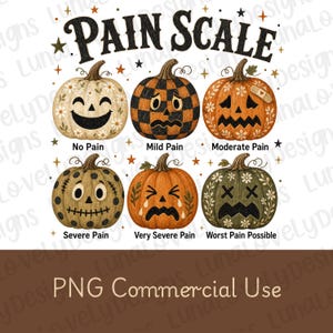 May include: A graphic illustration titled PAIN SCALE featuring six pumpkins with different facial expressions and patterns. The pumpkins represent levels of pain from No Pain to Worst Pain Possible, decorated with stars and floral accents.