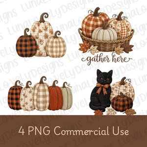 Patchwork Pumpa Clipart Bundle – Farmhouse Fall Fabric Trio PNG Set