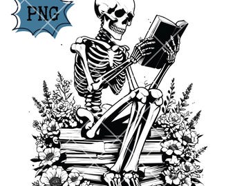 Floral Skeleton Reading Book Art: Gothic T-Shirt Design (SVG PNG)