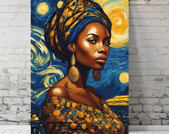 Black Woman Starry Night Art Print: African American Wall Decor (Digital File)
